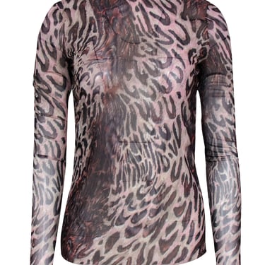 Jonathan Simkhai - Brown, Black, & Blush Leopard Print Long Sleeve Mesh Turtle Neck Top Sz M