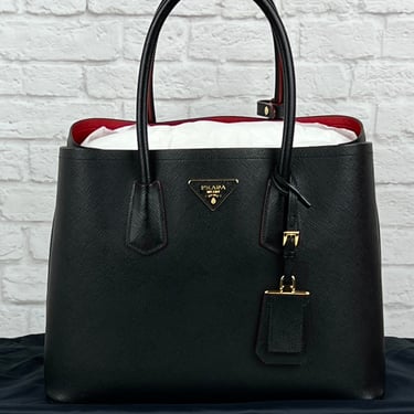 Prada Medium Saffiano Leather Double Bag, Black/Fiery Red