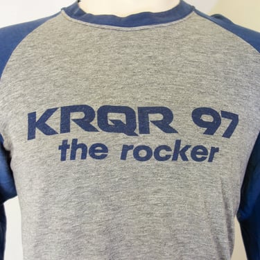 Vintage KRQR SF radio t shirt large XL, 80s super worn in, thin, soft faded gray blue baseball tee, rock & roll California Bay Area 