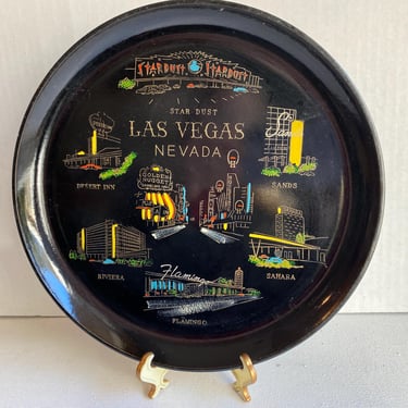 Mid Century Las Vegas Strip Black Decorative Plate, Famous Strip Hotels, Retro Graphics, With Small Stand, Travel Souvenir, Nevada Landmarks 