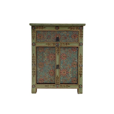 Distressed Pastel Green Turquoise Tibetan Floral End Table Nightstand cs7517E 