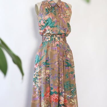 Tan Tropical Floral Belt Dress S/M