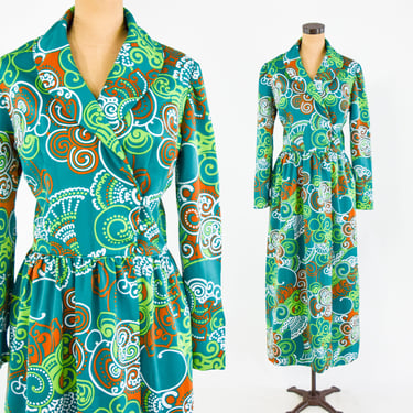 1970s Green Abstract Maxi Wrap Dress | 70s Green Floral Abstract Maxi Dress | Concept 70 Swirl | Medium 