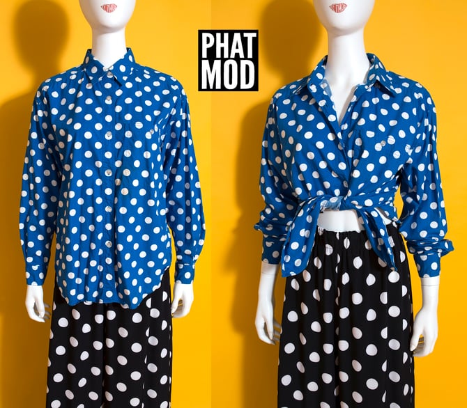 Pop Art Vintage 80s Blue & White Polka Dot Collared Button Down Shirt 