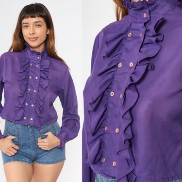 Tuxedo Crop Top 70s Purple Ruffle Blouse Button Up Boho Hippie Bohemian 1970s Vintage Semi-Sheer Double Breasted Long Sleeve Medium 