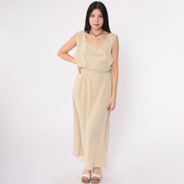 Y2K Beige Striped Maxi Dress Straight Cut Braided Belt Sleeveless Scoop Neck Casual Retro Pinstriped Textured 00s 1x Plus Size 