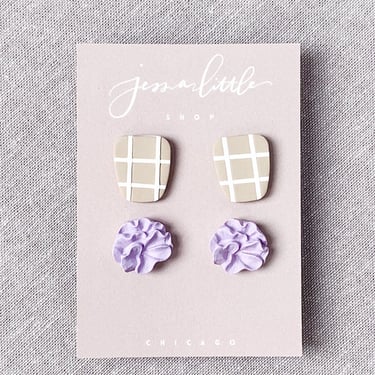Spring Collection Stud Pack - Lilac // Floral Studs // Windowpane Studs // Minimal Modern // Polymer Clay Earrings // Handmade 