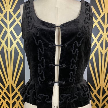 1980s peplum vest, black velvet, vintage 80s top, corset style, soutache, dirndl, medium, vintage fitted vest, 36 bust, 30 waist, steampunk 