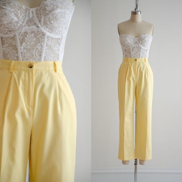 high waisted pants 80s 90s vintage pastel yellow straight leg ankle trousers 