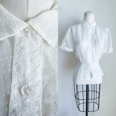 Vintage 1950s White Sheer Swiss Dotted Blouse / M 
