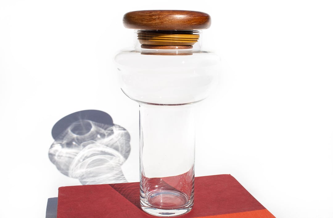 Vintage Baker Hart and Stuart Teak and Glass Jar, Glass Vintage Home
