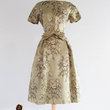 Fabulous Late 1950's Herbert Sondheim Green &amp; Gold Silk Rose Print Cocktail Dress / ML