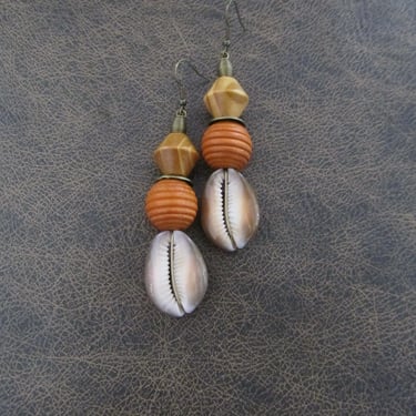 Cowrie shell earrings, bold orange statement earrings 