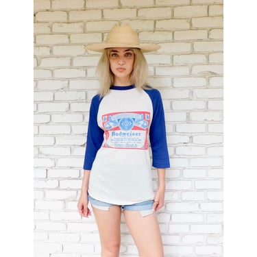 Budweiser Beer Shirt // vintage 70s 80s cotton blend boho tee t-shirt t top blouse thin hippy jersey 1970s white beer jersey // S Small 
