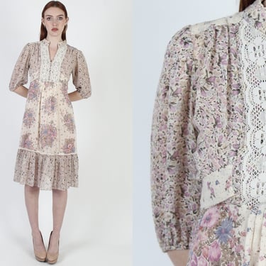70s Wildflower Calico Floral Dress, Country Garden PrairieCore Dress, Vintage Purple Summer Casual Mini Midi 