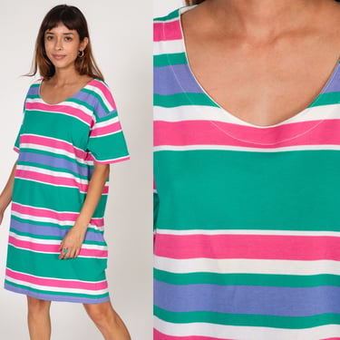 Striped Tshirt Dress 80s Midi Scoop Neck Summer Cotton Lounge Dress Casual Shift Pink Green Periwinkle Shift Pajama 1980s Vintage Large 