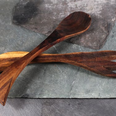 Mid-Century Solid Wood Serving Fork and Spoon | Possibly Walnut | Vintage Table 