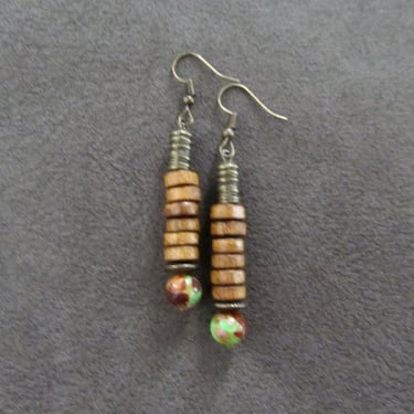 Green stone and wooden earrings 