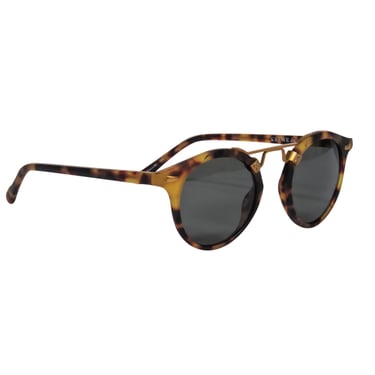 Krewe - Brown Tortoise Shell Round Sunglasses w/ Gold Brow Bar