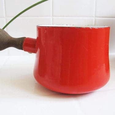 Vintage Dansk Kobenstyle Red Enamel Butter Warmer - 60s Mid Century Wood Handle Small Pan Made in France IHQ - Enamelware 