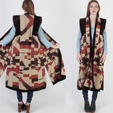 OOAK Southwestern Woven Blanket Vest, Long Native American Rancher Velvet Duster Jacket 