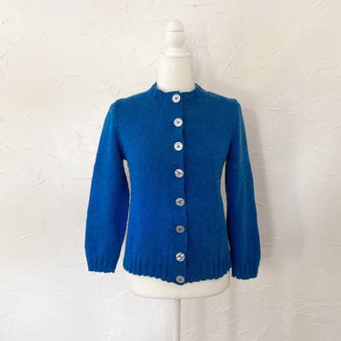 70s/80s Bright Blue Fuzzy Cardigan with White Buttons | Medium/Large 
