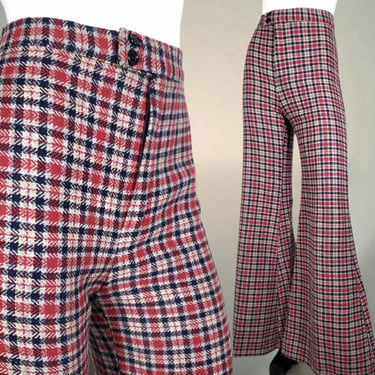 Plaid pants extreme bells 1970s vintage Happy Legs extra wide legs high rise slacks wool burgundy navy quintessential hippie mod winter (28) 