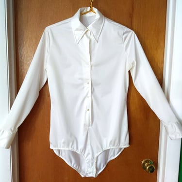 Vintage 60s 70s Plain White Collared Long Sleeve Bodysuit 