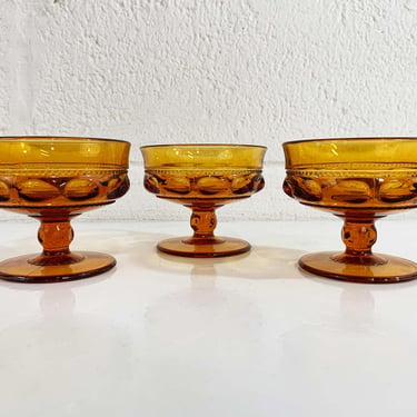 Vintage Amber Kings Crown Coupe Glasses Goblets Mount Vernon Thumbprint Set of 3 Sherbert Dessert Indiana Glass Orange Yellow 1960s 1970s 