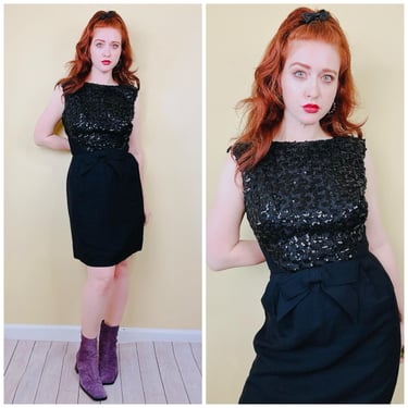 1960s Vintage Black Crepe Wiggle Dress / 60s / Sixties Sequin Bow Cocktail Gown / Large 