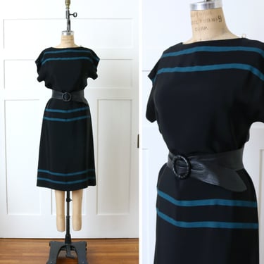vintage 1980s 90s simple shift dress • black rayon loose fit dress with metallic blue stripes 