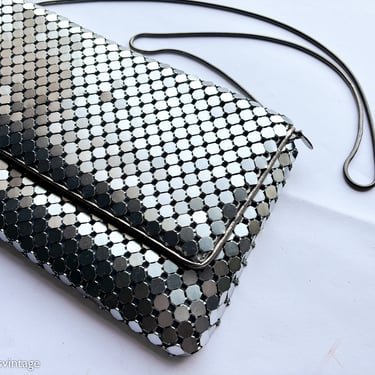 1980s Silver Mesh Shoulder Handbag | 80s Dark Silver Mesh Clutch | BCBG MAXAZIRA 