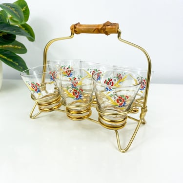 50s Vintage Shot Glass Set w/Holder, Bamboo Handle, Glass Carrier, Cradle, Mid Century Barware, Floral and Gold Shot Glass, Cordial Glass 