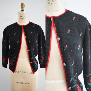 1980s Red Rose Black Cardigan Sweater 
