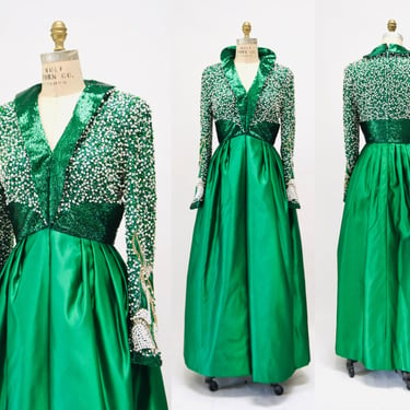 Vintage 90s Stephen Yearick Green Silk Beaded Sequin Ball Gown Dress Emerald Green Sequin Beaded Silk Long Sleeve Dress Gown Small Medium 