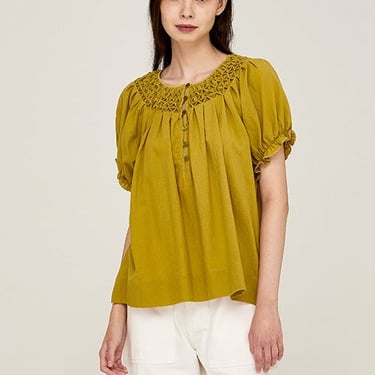 Grade & Gather - Hand Smocked Cotton Blouse - Chartreuse