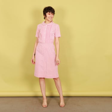50s Pink Striped Peter Pan Collar Dress Vintage Short Sleeve Spring Fitted Shirt Dress 