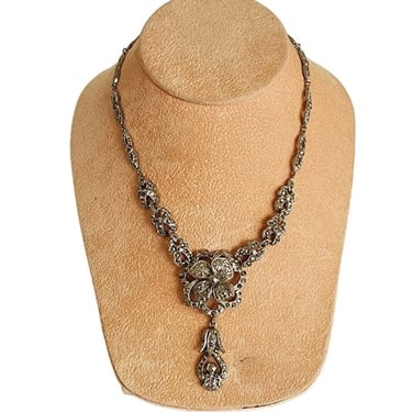 Vintage 50s Czech Necklace Rhinestones Marquisite Silver Plated 
