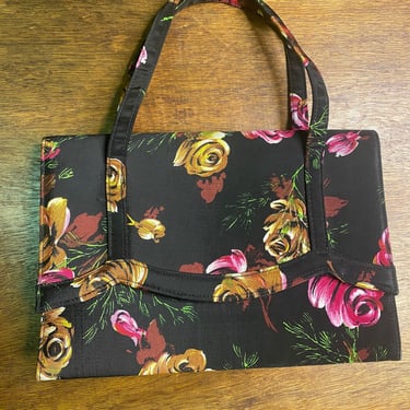 Vintage Purse Floral Print Black Pink Rose Bag 