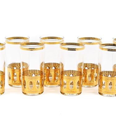 4 Vintage Culver glasses. Antiqua gold glass barware tumblers for Whiskey highballs and cocktails, Hollywood regency Christmas glassware 