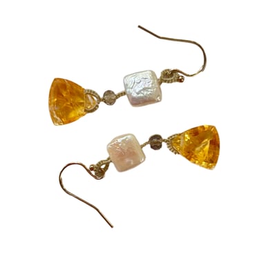 Danielle Welmond | Woven Brown Cord Earrings with Citrine & Square Pearl Drops