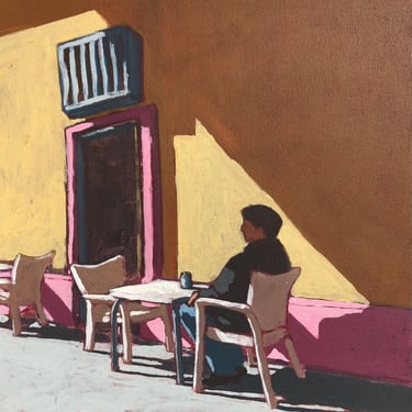 Man at Café - Original Acrylic Painting on Canvas 14 x 14, pink, outside, michael van, square, yellow, shadow, sunlit 