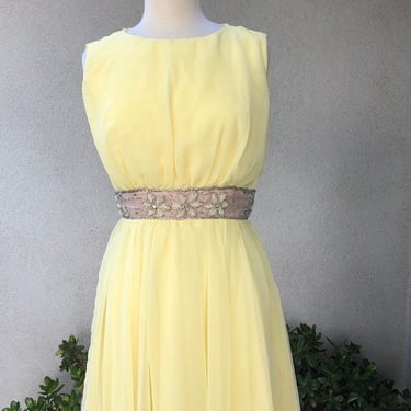 Vintage Mid Century yellow chiffon cocktail dress beaded waist by Miss Elliette California sz 14 or Medium 