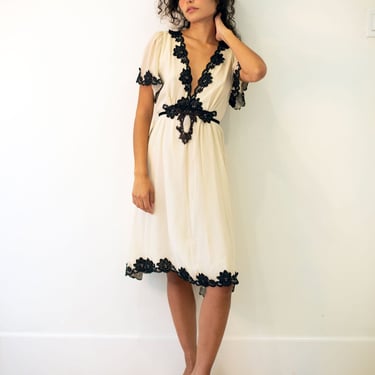 Vintage Silk Sheer Lace Trimmed Dress with Puff Sleeves + Sequin Inset + Tie Back XS S M Flutter Romantic Victorian 90s Y2K 