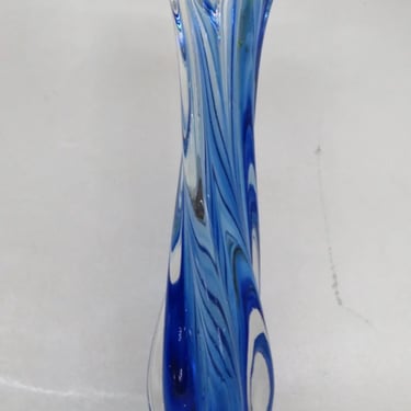Hand Blown Glass Cobalt Blue and Clear Twisted Tulip Bud Vase 3576B