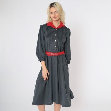 Vintage 80s Velour Dress Gray Red Contrast Collar 3/4 Puff Sleeve Full Skirt Military-Inspired 1980s Belted Shirtdress Pockets Retro Medium 