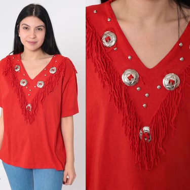 Western Fringe Shirt 90s Red Concho Studded T-Shirt Southwestern Rodeo V Neck Tshirt Retro Cowgirl Tee Single Stitch Vintage 1990s Medium M 
