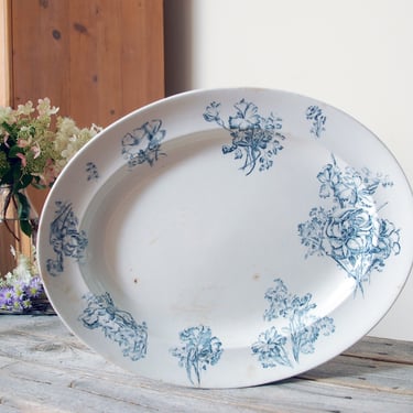 Vintage blue and white transferware ironstone platter / antique floral ironstone serving plate / French country cottage decor / brocante 