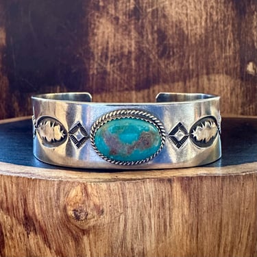 BUFFALO DANCER Turquoise & Sterling Silver Cuff | Green Turquoise Bracelet | Navajo Native American Southwestern Jewelry | 52g 