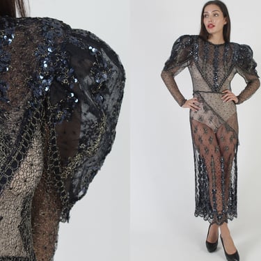 80s Judy Hornby Couture Illusion Dress, Sexy Vintage Avant Garde Designer Gown, See Through Mesh Lace 